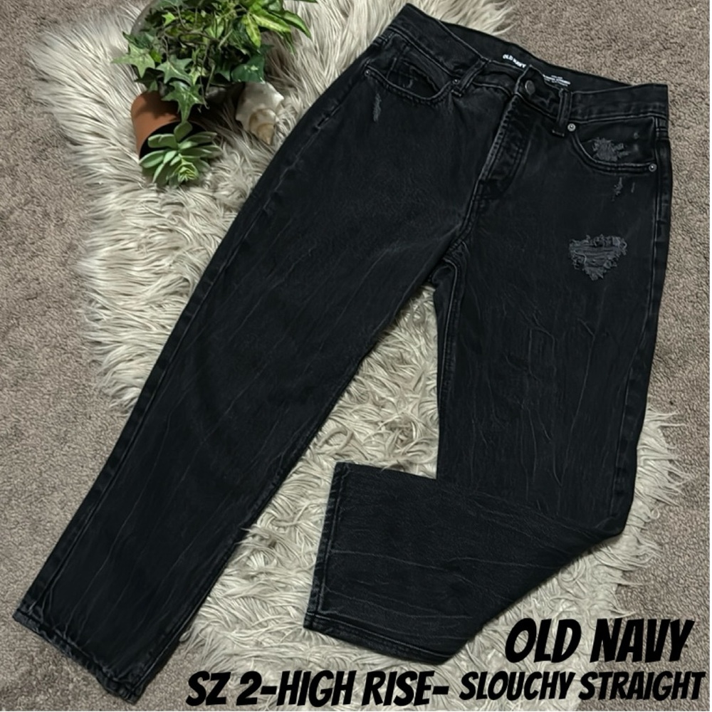 Old Navy Slouchy Straight-2-High Rise-Black-Button Fly-Vintage Wash